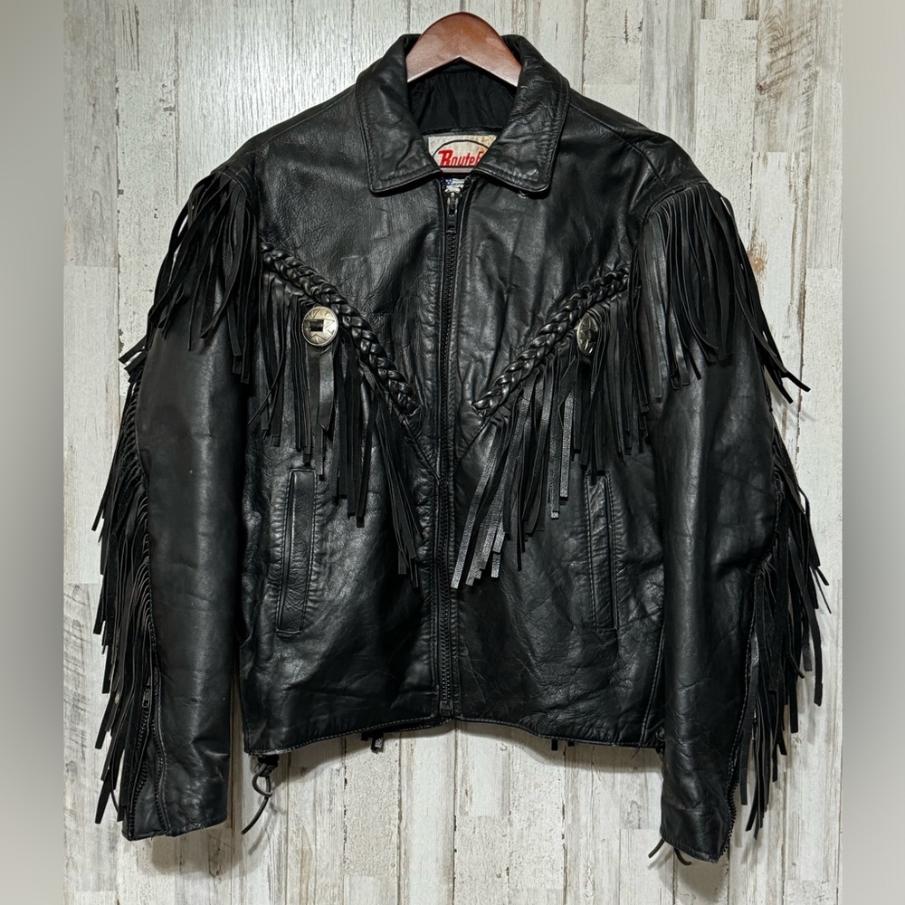 Route 66 Black Leather Jacket with Fringe Accents